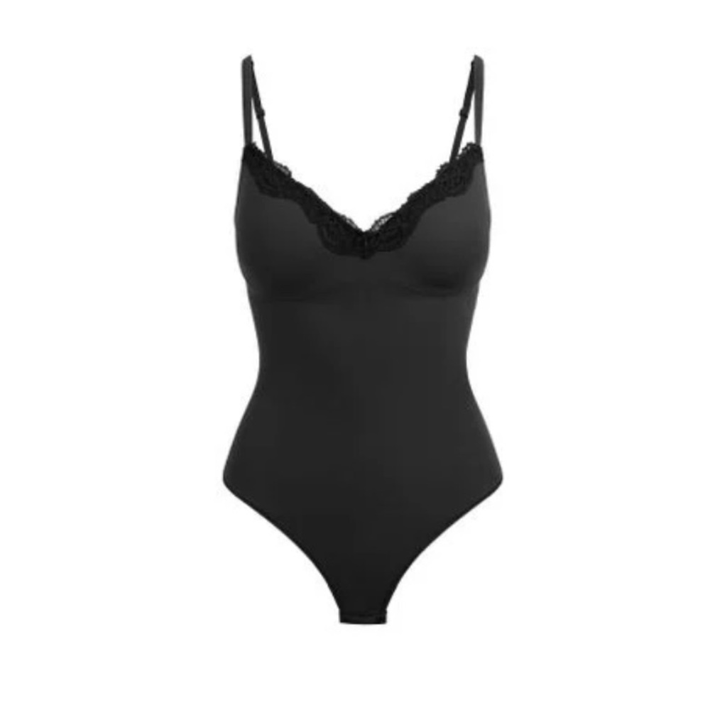 SKIMS Black Lace Trim Bodysuit
